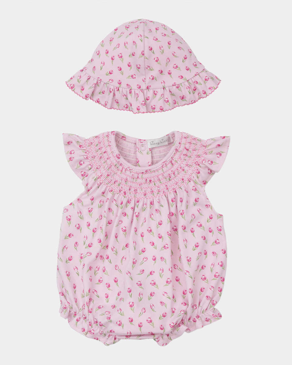 Girl's Tulip Blossoms Smocked Bubble Romper W/ Sunhat, Size Newborn-